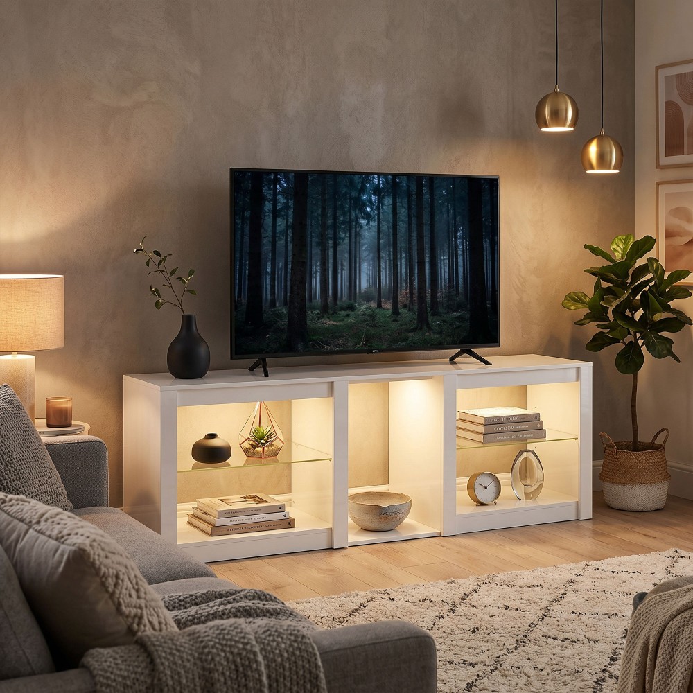 Χαμηλή σανίδα τηλεόρασης με φωτισμό RGB LED, μοντέρνα έπιπλα τηλεόρασης με ρυθμιζόμενα γυάλινα ράφια, για τηλεοράσεις έως 75 ίντσες, λευκό