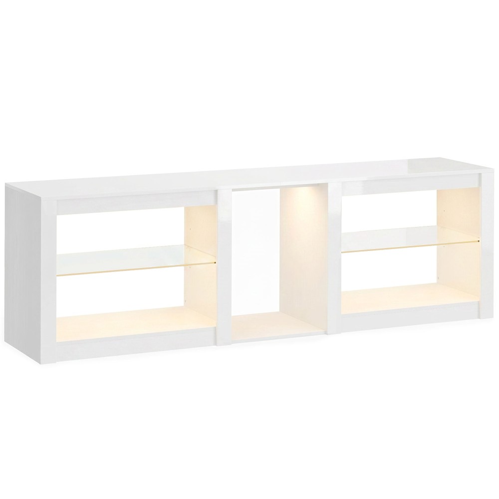 Χαμηλή σανίδα τηλεόρασης με φωτισμό RGB LED, μοντέρνα έπιπλα τηλεόρασης με ρυθμιζόμενα γυάλινα ράφια, για τηλεοράσεις έως 75 ίντσες, λευκό