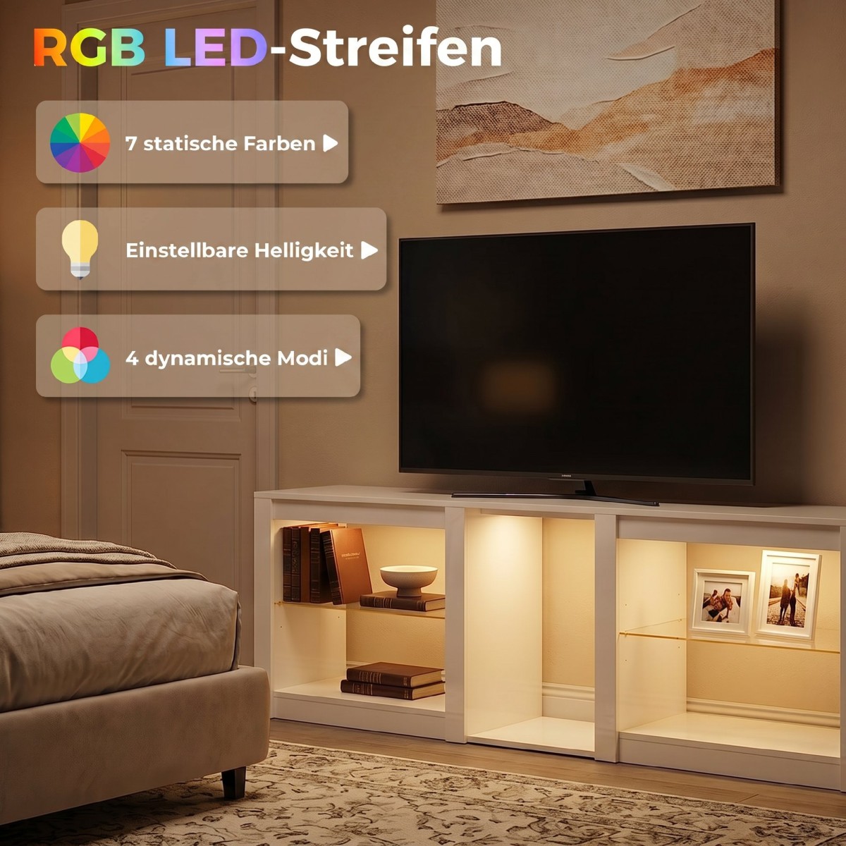 Χαμηλή σανίδα τηλεόρασης με φωτισμό RGB LED, μοντέρνα έπιπλα τηλεόρασης με ρυθμιζόμενα γυάλινα ράφια, για τηλεοράσεις έως 75 ίντσες, λευκό
