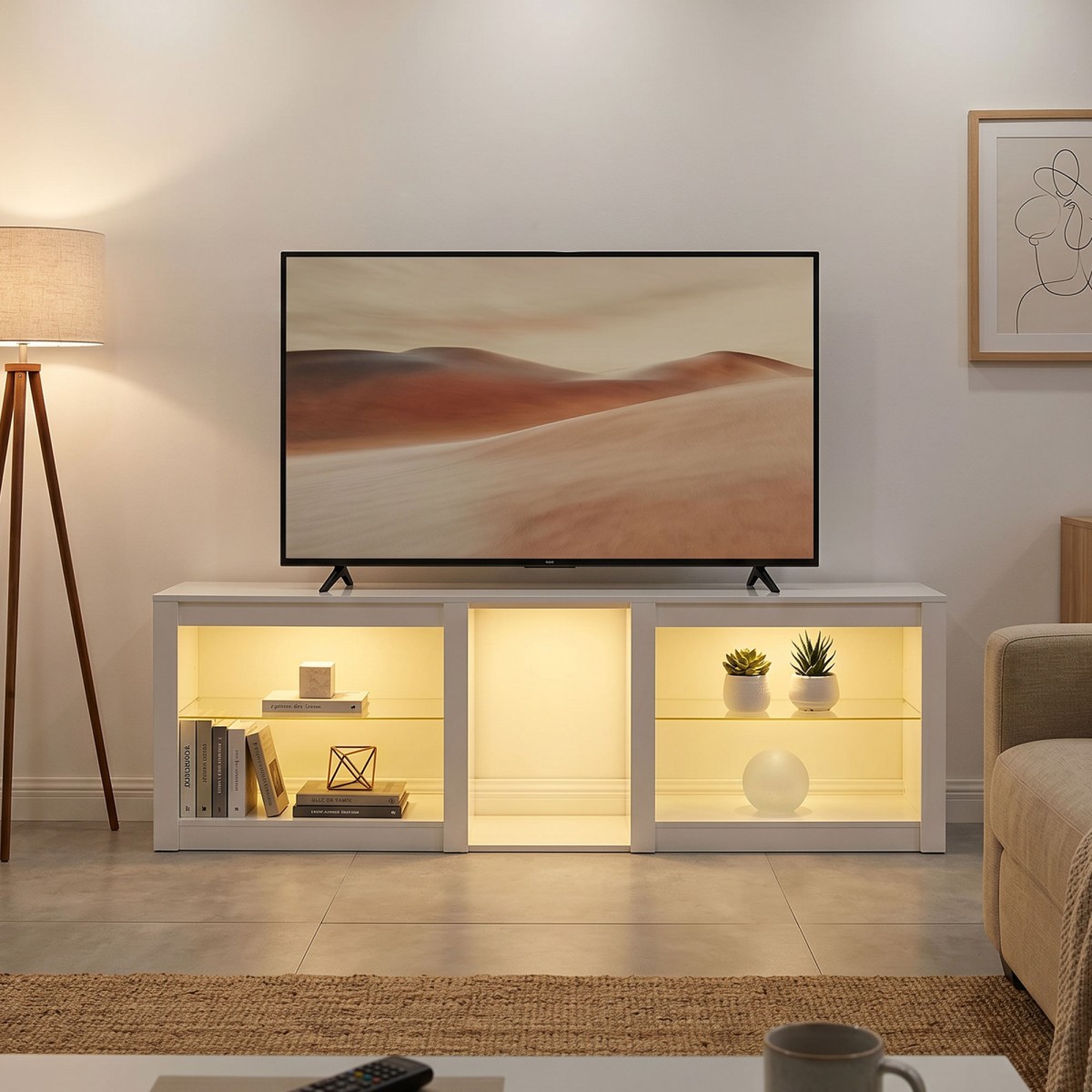 Χαμηλή σανίδα τηλεόρασης με φωτισμό RGB LED, μοντέρνα έπιπλα τηλεόρασης με ρυθμιζόμενα γυάλινα ράφια, για τηλεοράσεις έως 75 ίντσες, λευκό