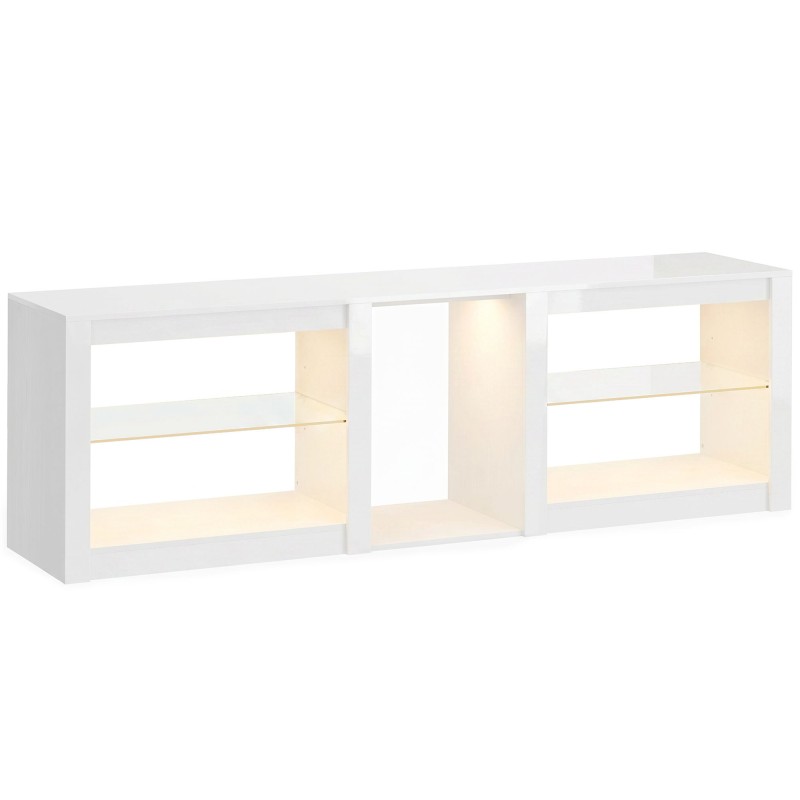 Χαμηλή σανίδα τηλεόρασης με φωτισμό RGB LED, μοντέρνα έπιπλα τηλεόρασης με ρυθμιζόμενα γυάλινα ράφια, για τηλεοράσεις έως 75 ίντσες, λευκό
