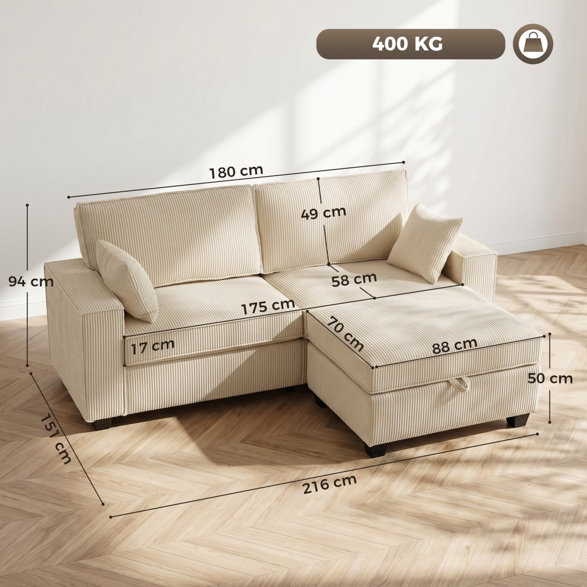 Γωνιακός Καναπές 216 cm Τριθέσιος Καναπές Σχήματος L με Αναστρέψιμο Σκαμπό αποθήκευσης, Κορδόνι Όψης, Φαρδύ Κάθισμα, για Σαλόνι