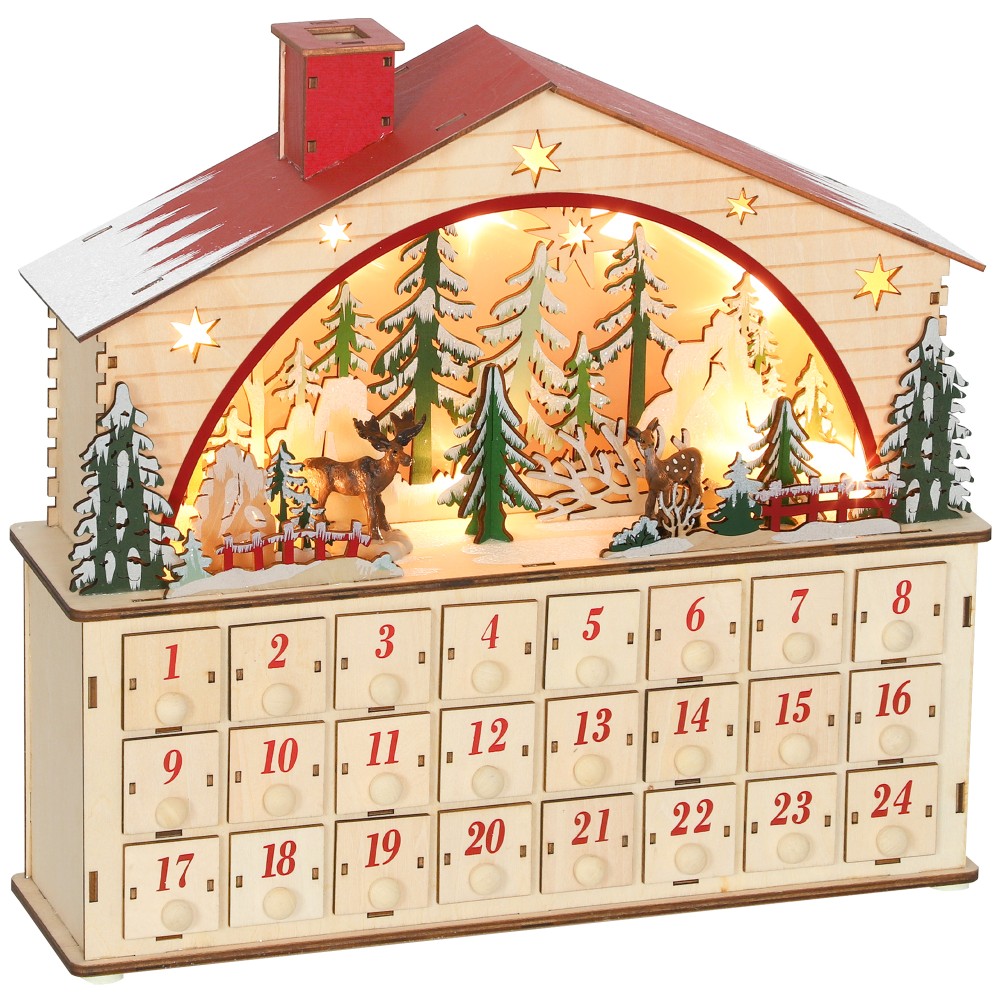 Ημερολόγιο Advent για γέμισμα 24 συρταριών Χριστουγεννιάτικο ημερολόγιο με φώτα LED φυσικό ξύλο 36 x 10 x 34 cm