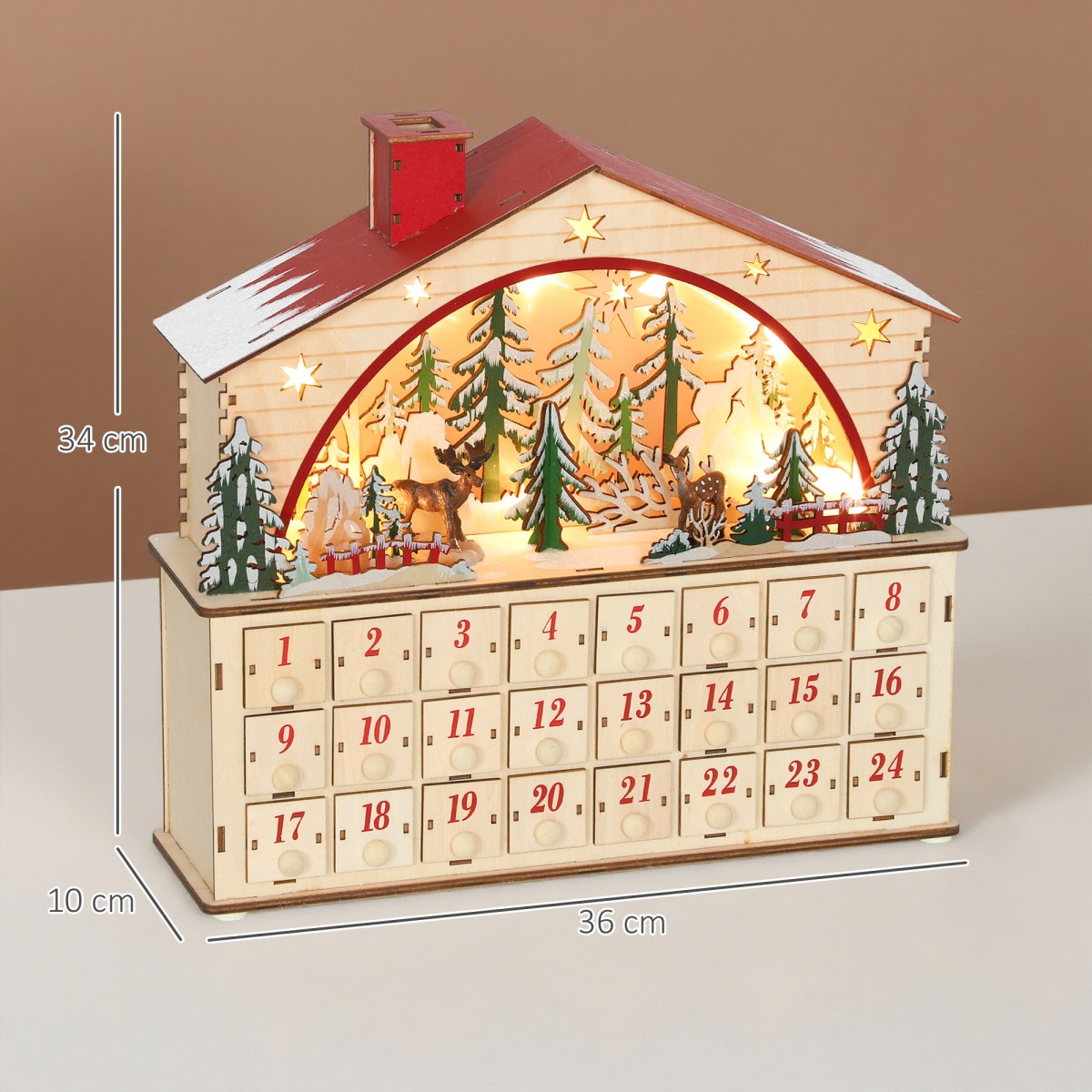 Ημερολόγιο Advent για γέμισμα 24 συρταριών Χριστουγεννιάτικο ημερολόγιο με φώτα LED φυσικό ξύλο 36 x 10 x 34 cm