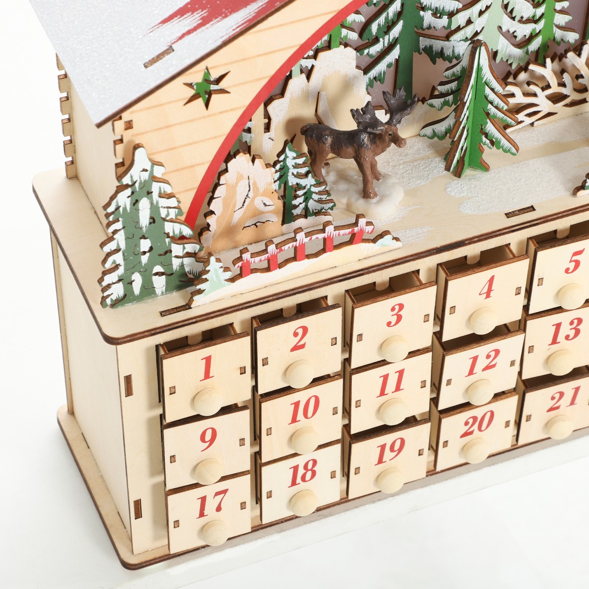 Ημερολόγιο Advent για γέμισμα 24 συρταριών Χριστουγεννιάτικο ημερολόγιο με φώτα LED φυσικό ξύλο 36 x 10 x 34 cm