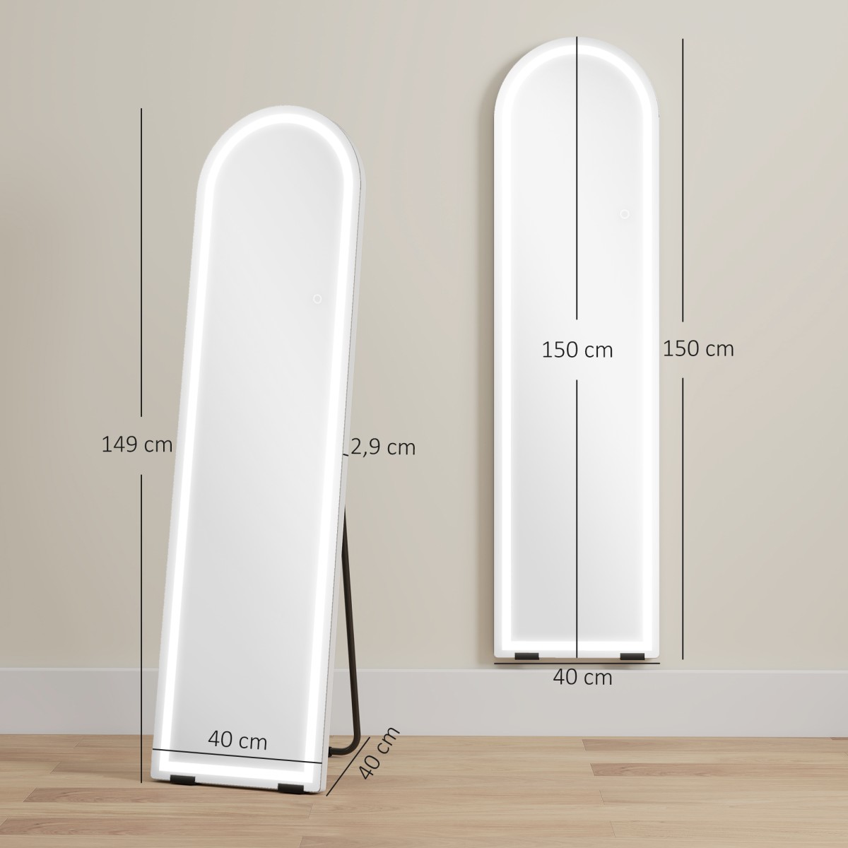 Ολόσωμος καθρέφτης με φώτα LED, 150 x 40 cm, σε σχήμα τόξου, με δυνατότητα ρύθμισης ρύθμισης, 3 χρώματα φωτός, ανεξάρτητος ή επιτοίχιος, λευκό