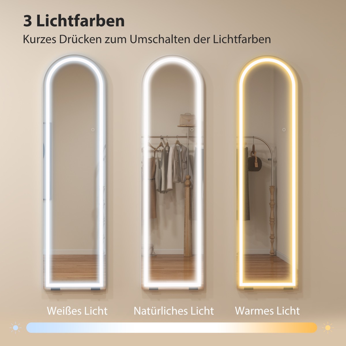 Ολόσωμος καθρέφτης με φώτα LED, 150 x 40 cm, σε σχήμα τόξου, με δυνατότητα ρύθμισης ρύθμισης, 3 χρώματα φωτός, ανεξάρτητος ή επιτοίχιος, λευκό