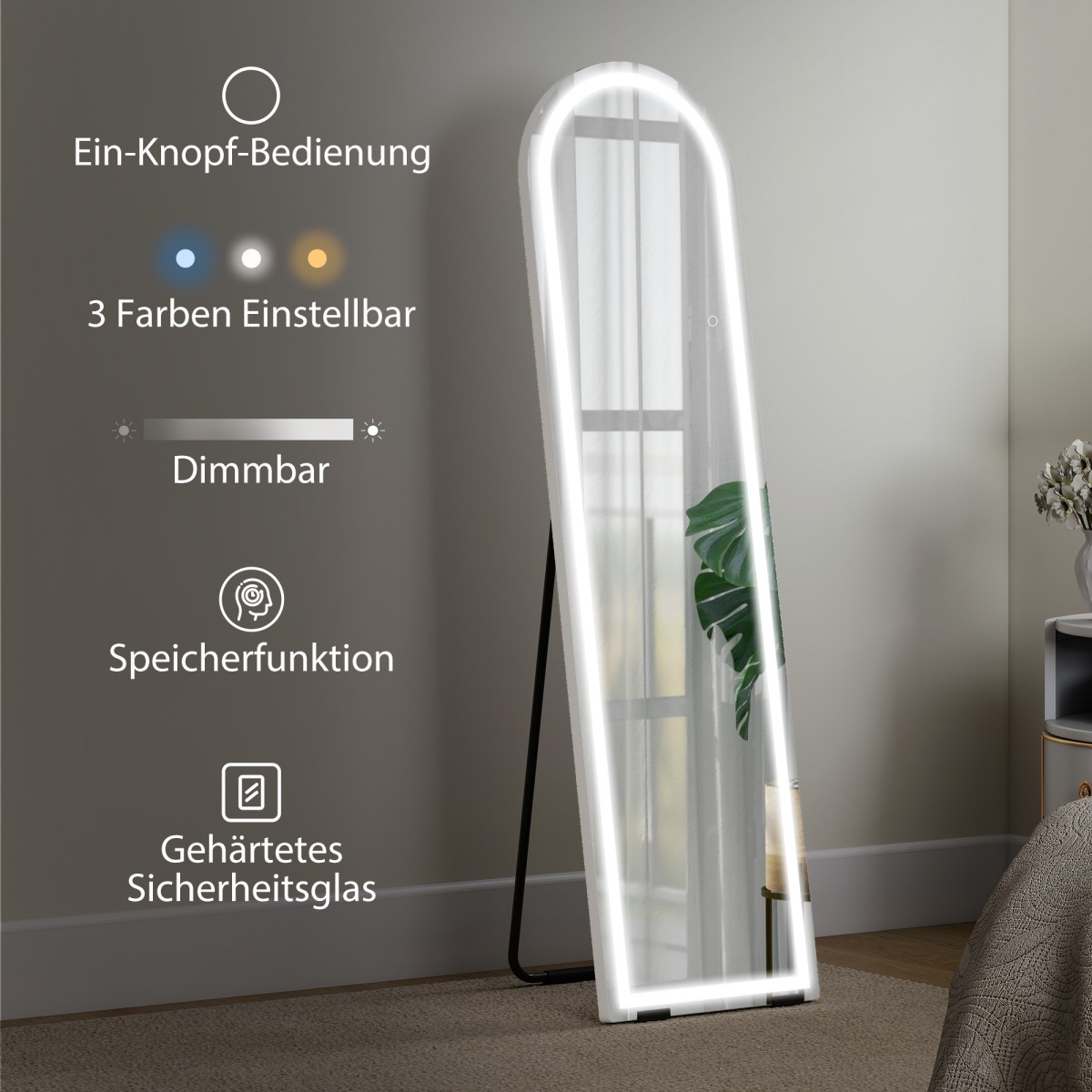 Ολόσωμος καθρέφτης με φώτα LED, 150 x 40 cm, σε σχήμα τόξου, με δυνατότητα ρύθμισης ρύθμισης, 3 χρώματα φωτός, ανεξάρτητος ή επιτοίχιος, λευκό