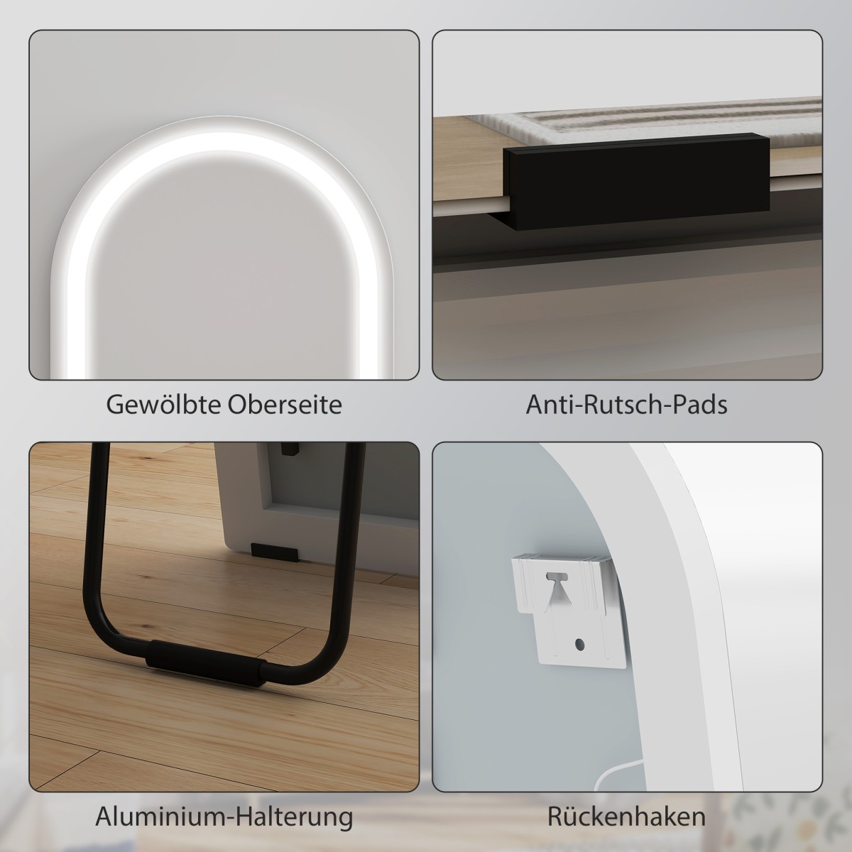 Ολόσωμος καθρέφτης με φώτα LED, 150 x 40 cm, σε σχήμα τόξου, με δυνατότητα ρύθμισης ρύθμισης, 3 χρώματα φωτός, ανεξάρτητος ή επιτοίχιος, λευκό
