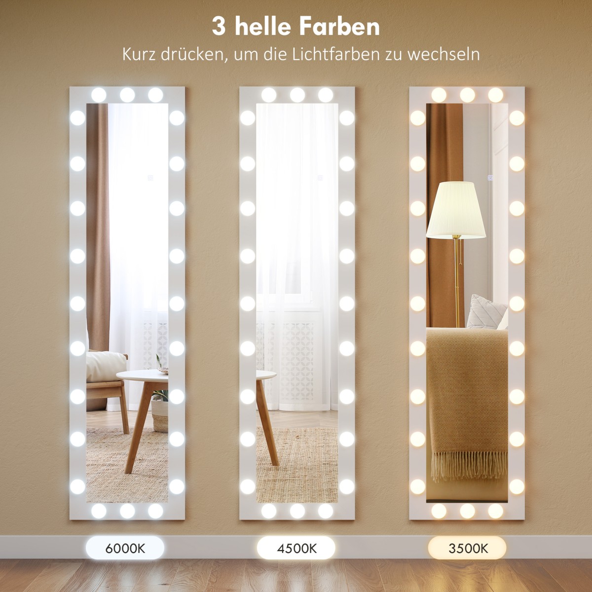 Ολόσωμος καθρέφτης 150x40 cm Καθρέφτης LED με 24 λαμπτήρες 3 ανοιχτόχρωμα, ελεύθερος ή με κλίση λευκό