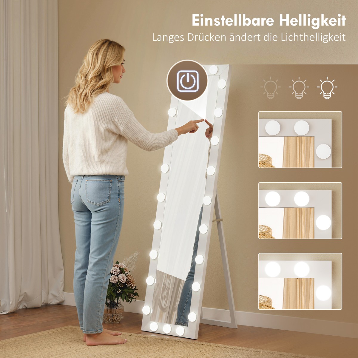 Ολόσωμος καθρέφτης 150x40 cm Καθρέφτης LED με 24 λαμπτήρες 3 ανοιχτόχρωμα, ελεύθερος ή με κλίση λευκό