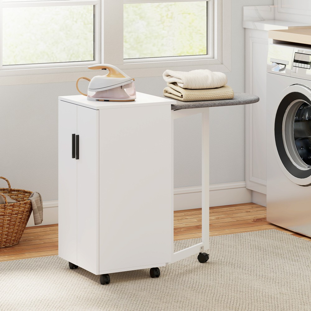 Πτυσσόμενο ντουλάπι σιδερώστρας 2 σε 1 σε ρόδες με σιδερώστρα και ρυθμιζόμενο ράφι για μικρούς χώρους, λευκό