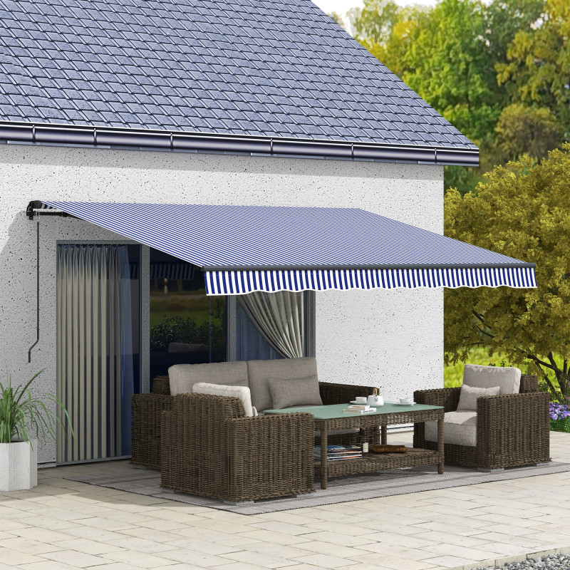 Sun Awning Patio Tand with Hand Crank Ανθεκτικό στις καιρικές συνθήκες 396cm x 300cm Μπλε + Λευκό