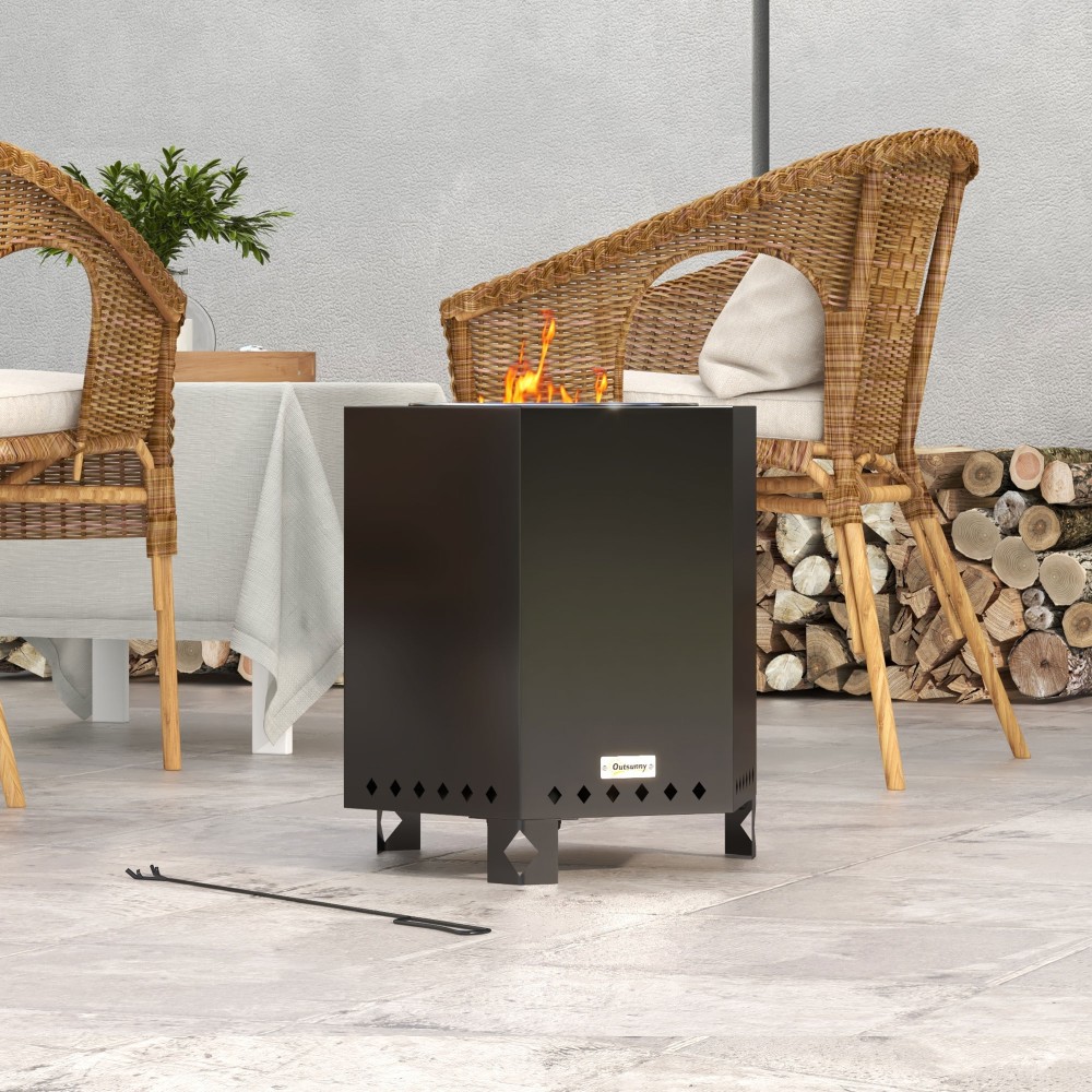 Πυροσβεστικό κύπελλο βαρέλι φωτιάς, συμπεριλαμβανομένου πόκερ, 45 x 38,8 x 46,5 cm, ασημί + μαύρο