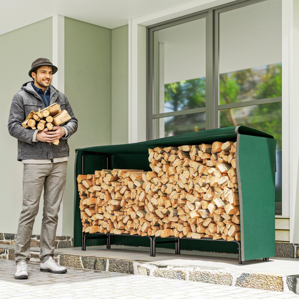 Βάση για ξύλα Outsunny, 0,6 m³, με κάλυμμα, μεταλλικό με ηλεκτροστατική βαφή, έως 200 kg, Μαύρο/Σκούρο Πράσινο