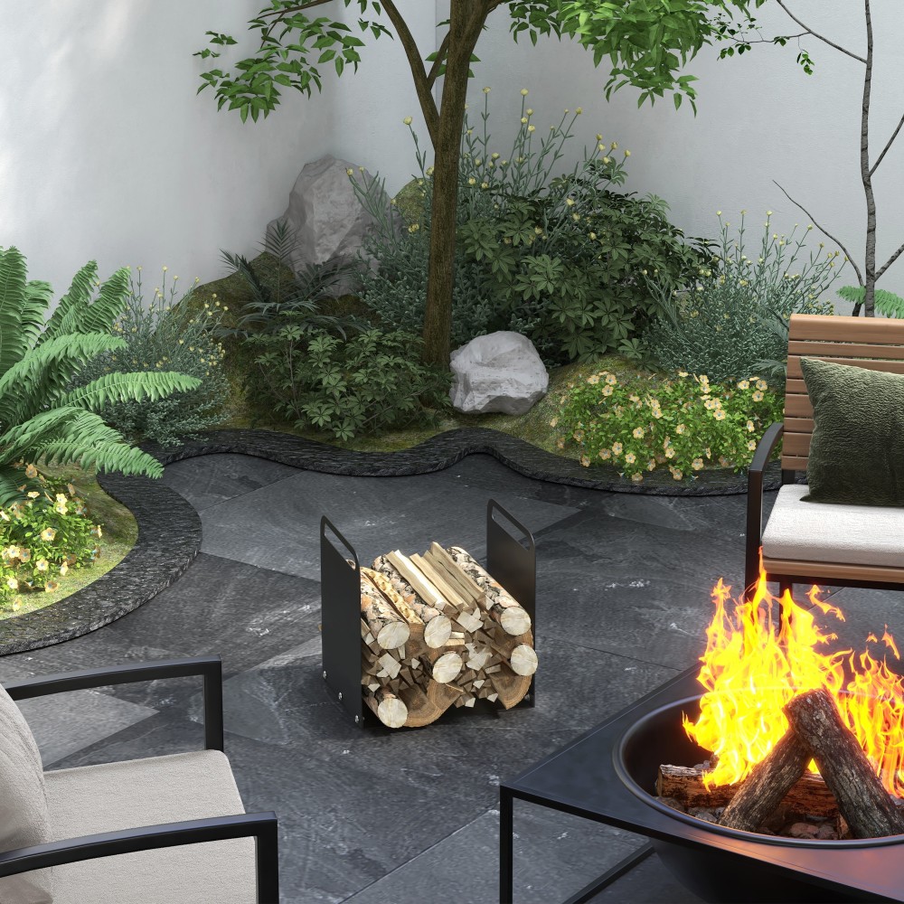 Outsunny Ξύλινο ράφι για καυσόξυλα, 2 λαβές μεταφοράς, ατσάλινο πλαίσιο, έως 30kg, 36x30x36cm, Μαύρο