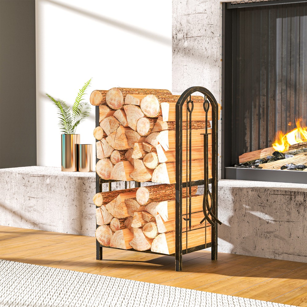 Outsunny Ράφι για ξύλα τζακιού εσωτερικού χώρου 43 x 30 x 74cm 2 επιπέδων ράφι καυσόξυλων με 4 εργαλεία τζακιού, γάντζους