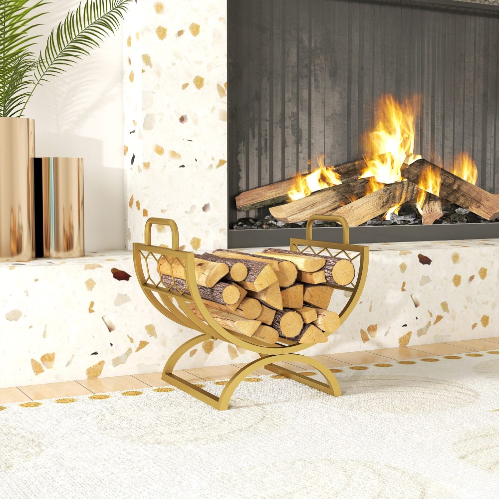 Outsunny Ξύλινο ράφι για τζάκι εσωτερικού χώρου 46 x 36 x 41cm ράφι καυσόξυλων για τζάκι, μέταλλο, χρυσό