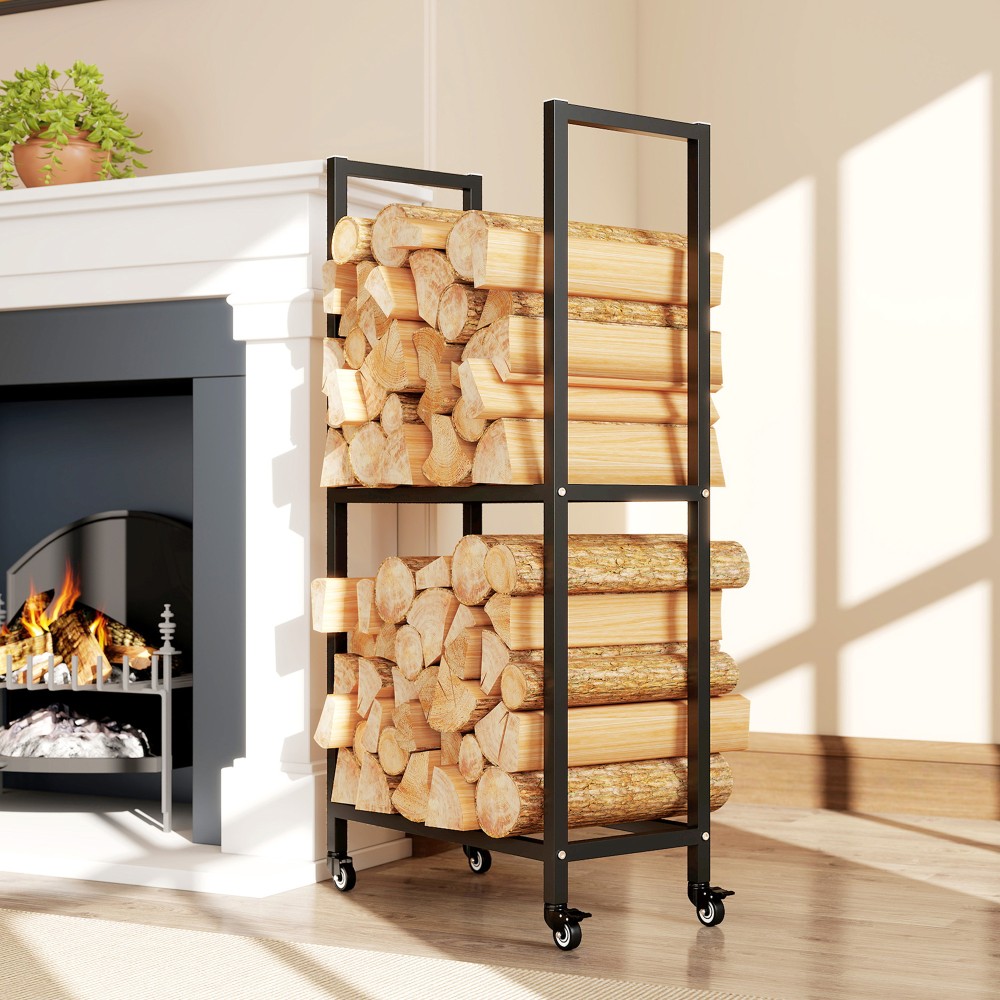 Outsunny Ράφι για ξύλα τζακιού εσωτερικού χώρου από ατσάλι 60 x 30 x 119cm 2 επιπέδων ράφι καυσόξυλων με ροδάκια Μαύρο