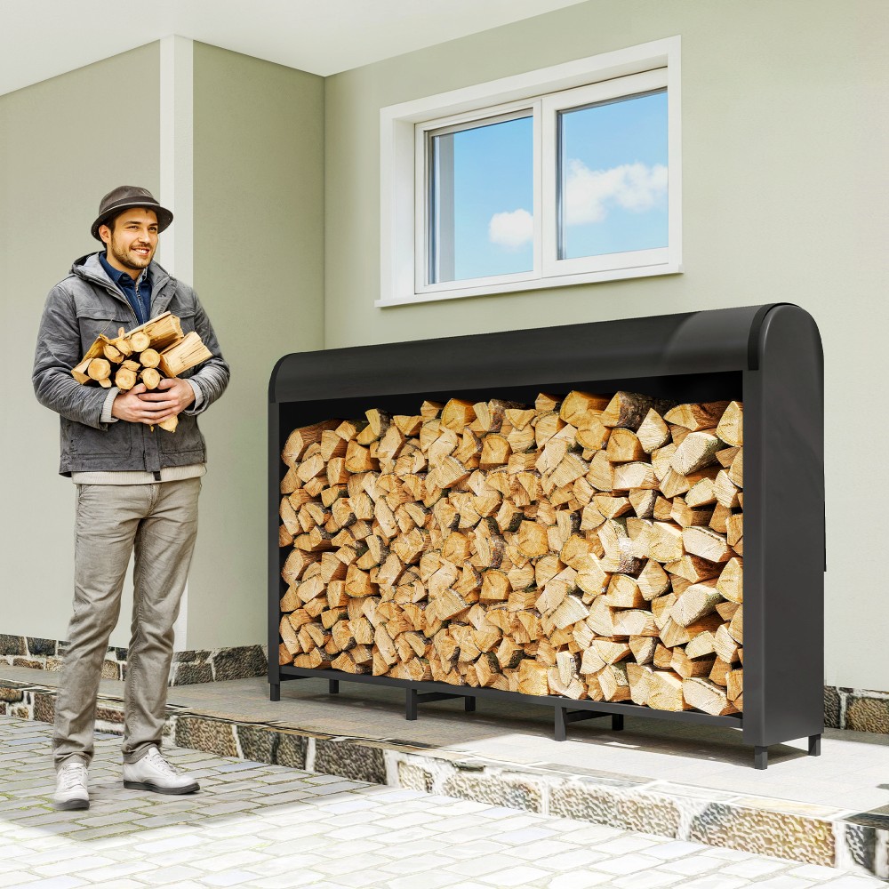 Outsunny Ράφι για ξύλα τζακιού Μεταλλικό 199 x 30 x 121 cm Ράφι καυσόξυλων 0,6m³ με αδιάβροχο κάλυμμα έως 300kg