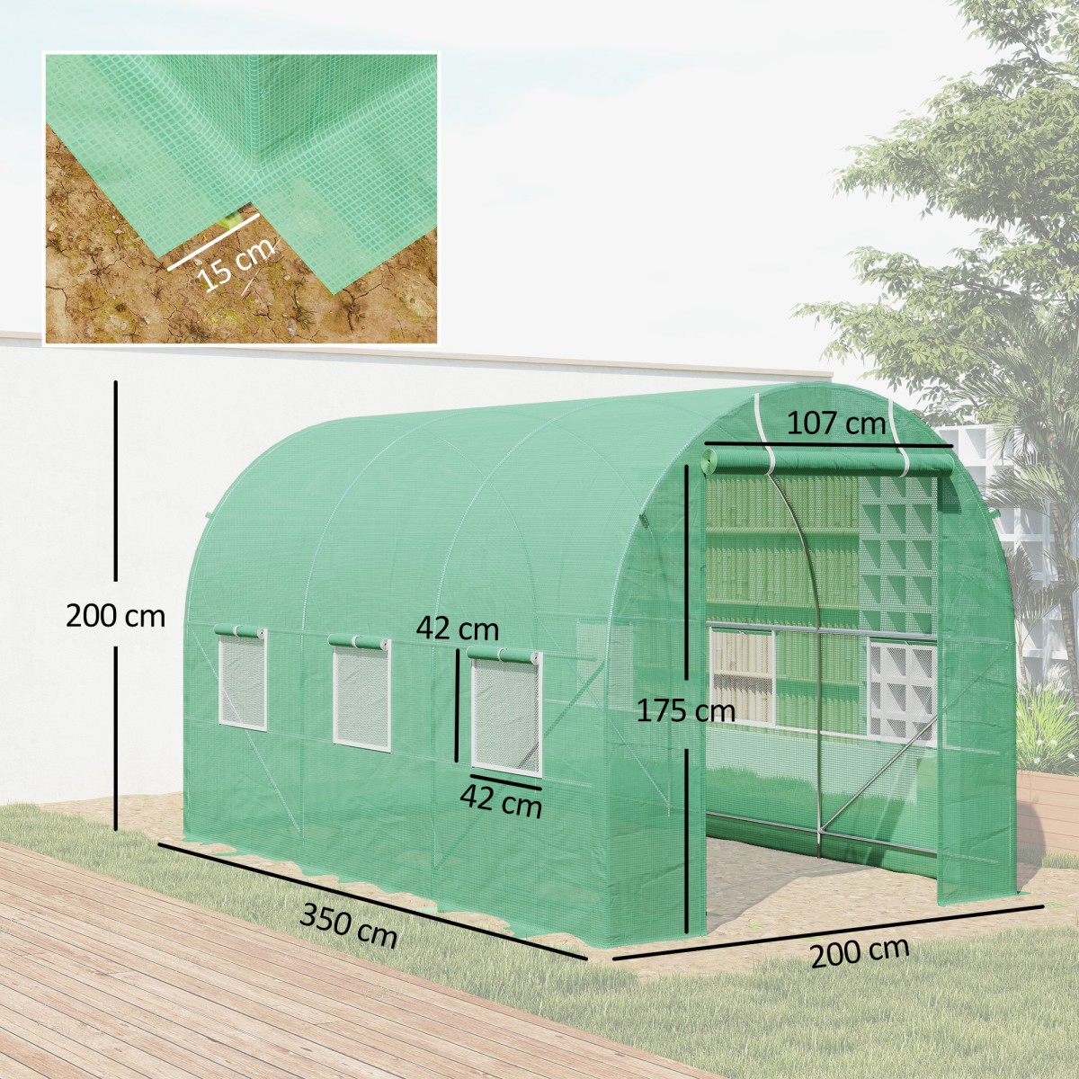 Θερμοκήπιο 350x200x200cm ντοματόσπιτο θερμοκηπίου με πόρτα, 6 παράθυρα, σήραγγα μεμβράνης από γαλβανισμένο χάλυβα, PE, σταθερή σήραγγα φυτών θερμοκηπίου, με άγκυρες εδάφους και σχοινιά, πράσινο
