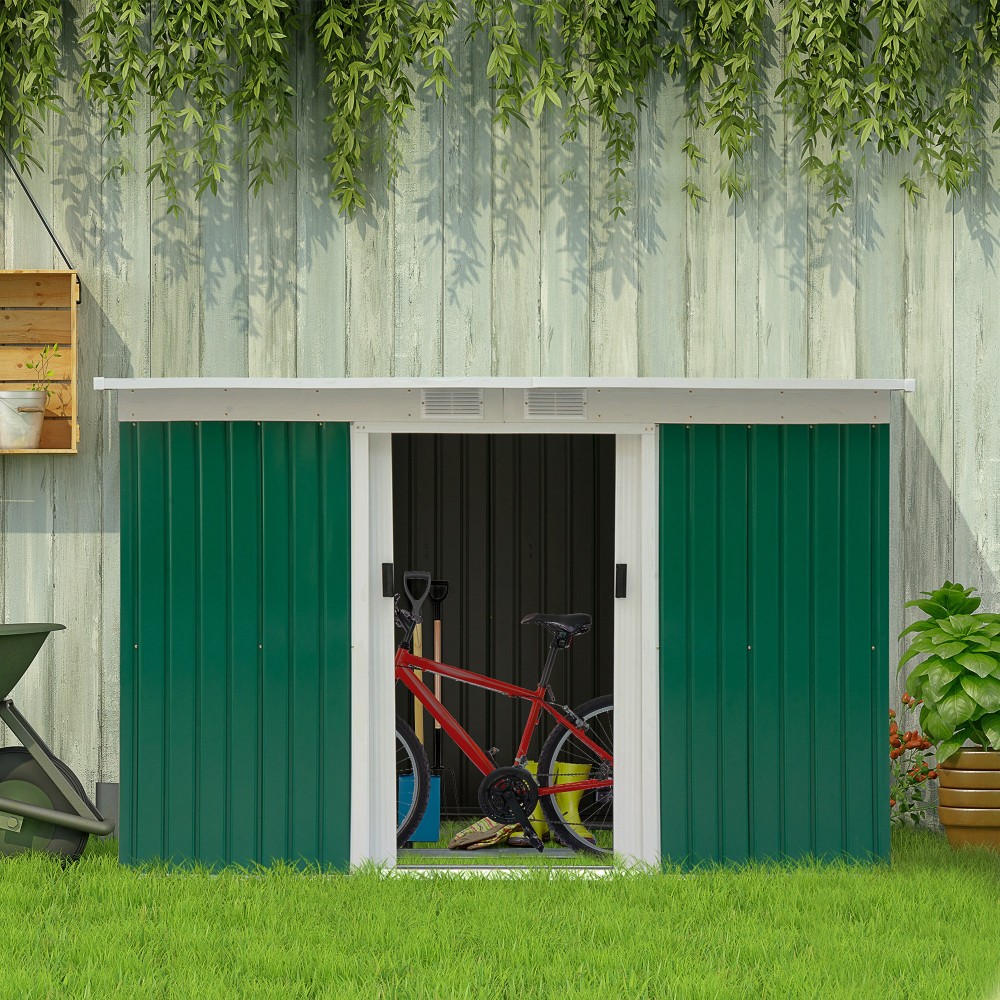 Μεταλλικό υπόστεγο εργαλείων 6,3m³ 280x130x172cm υπόστεγο εργαλείων με κλειστή οροφή συρόμενη πόρτα αδιάβροχο υπόστεγο κήπου υπαίθριο υπόστεγο κήπου ντουλάπι για υπαίθριο χώρο πίσω αυλής ανθρακί, σκούρο πράσινο