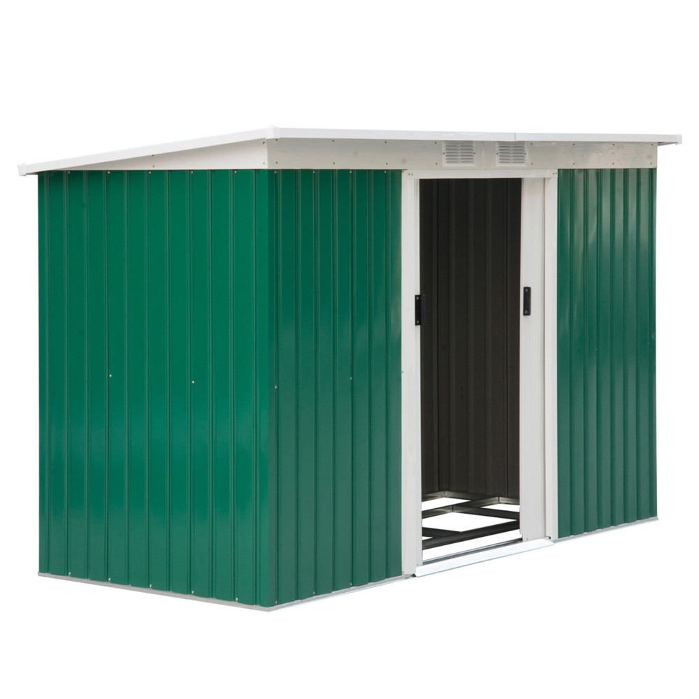 Μεταλλικό υπόστεγο εργαλείων 6,3m³ 280x130x172cm υπόστεγο εργαλείων με κλειστή οροφή συρόμενη πόρτα αδιάβροχο υπόστεγο κήπου υπαίθριο υπόστεγο κήπου ντουλάπι για υπαίθριο χώρο πίσω αυλής ανθρακί, σκούρο πράσινο