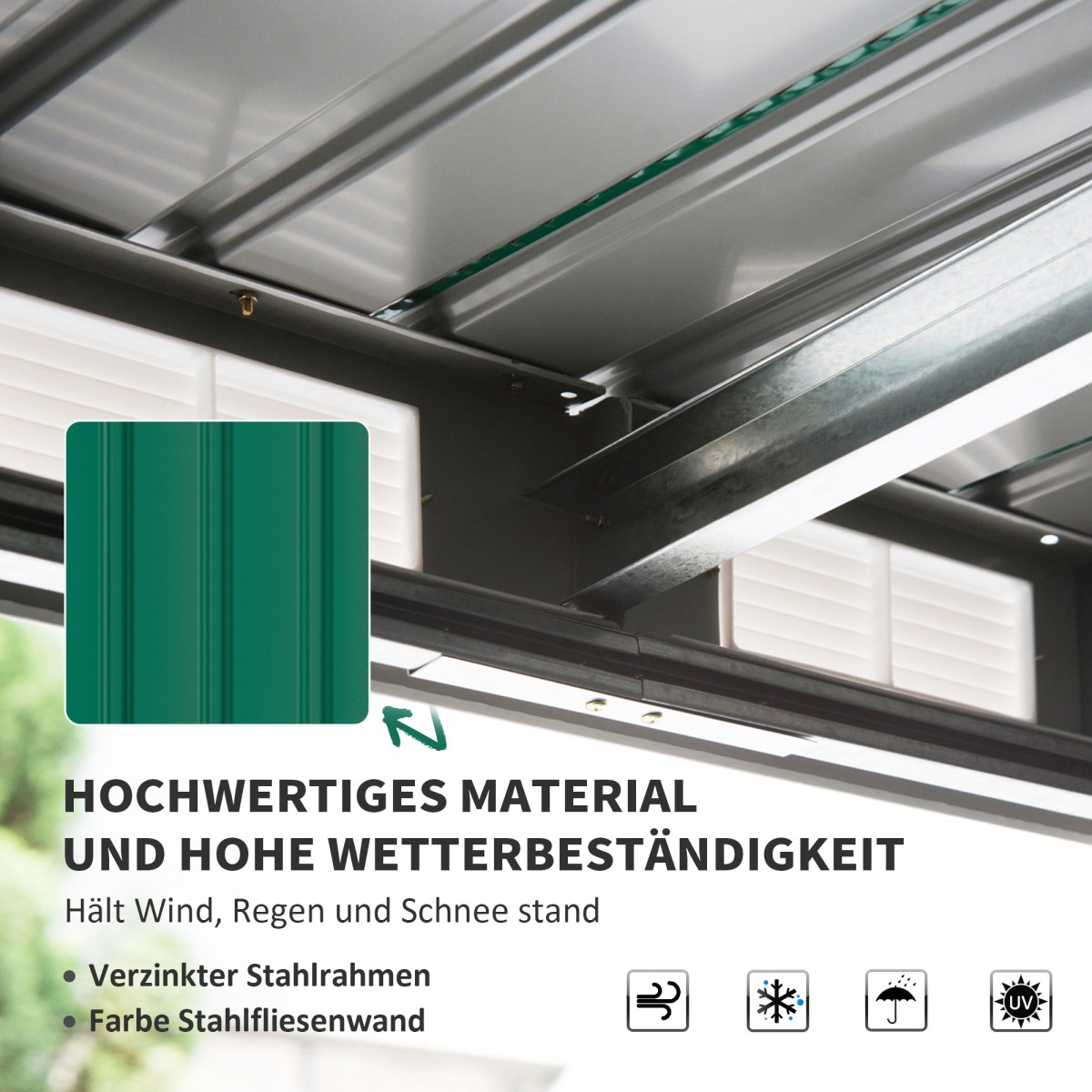 Μεταλλικό υπόστεγο εργαλείων 6,3m³ 280x130x172cm υπόστεγο εργαλείων με κλειστή οροφή συρόμενη πόρτα αδιάβροχο υπόστεγο κήπου υπαίθριο υπόστεγο κήπου ντουλάπι για υπαίθριο χώρο πίσω αυλής ανθρακί, σκούρο πράσινο