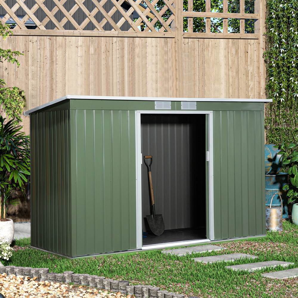 Μεταλλικό υπόστεγο εργαλείων 6,3m³ 280x130x172cm υπόστεγο εργαλείων με κλειστή οροφή συρόμενη πόρτα αδιάβροχο υπόστεγο κήπου υπαίθριο υπόστεγο κήπου ντουλάπι για υπαίθριο χώρο πίσω αυλής ανθρακί, ανοιχτό πράσινο