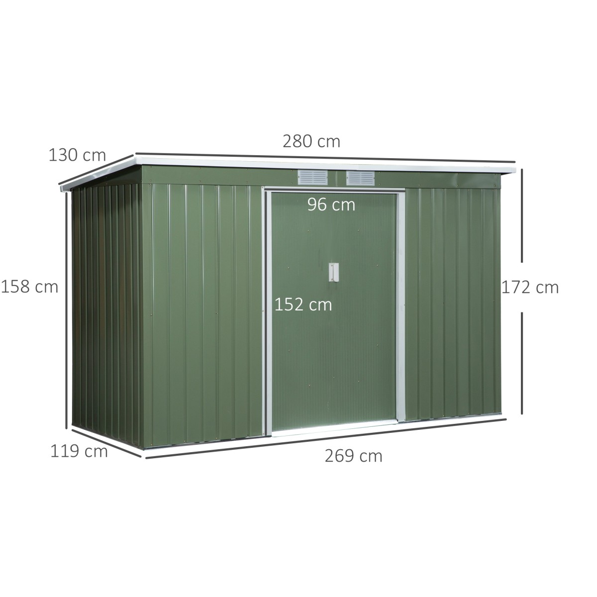 Μεταλλικό υπόστεγο εργαλείων 6,3m³ 280x130x172cm υπόστεγο εργαλείων με κλειστή οροφή συρόμενη πόρτα αδιάβροχο υπόστεγο κήπου υπαίθριο υπόστεγο κήπου ντουλάπι για υπαίθριο χώρο πίσω αυλής ανθρακί, ανοιχτό πράσινο