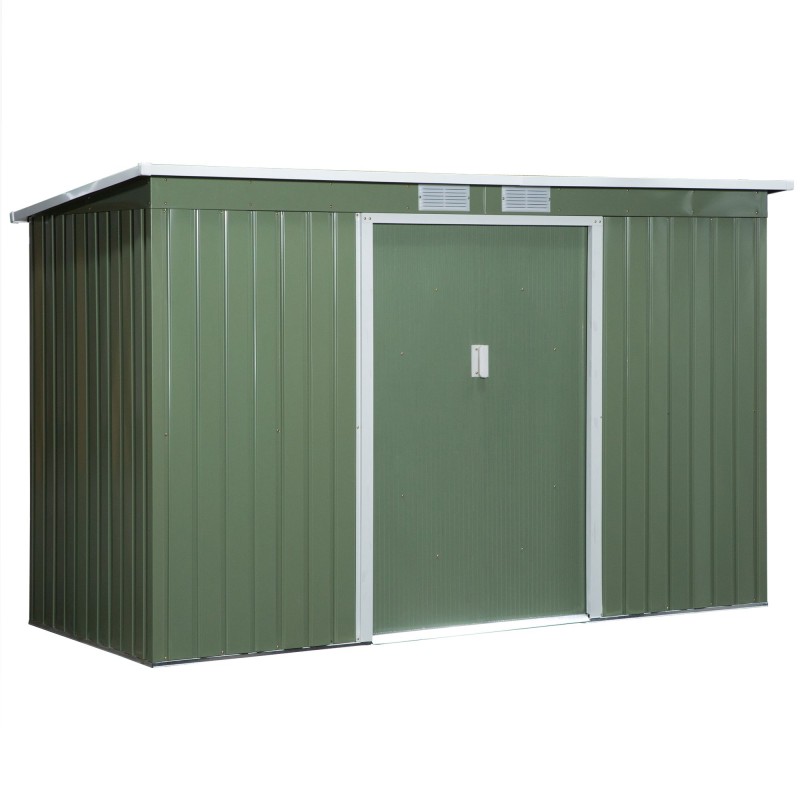 Μεταλλικό υπόστεγο εργαλείων 6,3m³ 280x130x172cm υπόστεγο εργαλείων με κλειστή οροφή συρόμενη πόρτα αδιάβροχο υπόστεγο κήπου υπαίθριο υπόστεγο κήπου ντουλάπι για υπαίθριο χώρο πίσω αυλής ανθρακί, ανοιχτό πράσινο