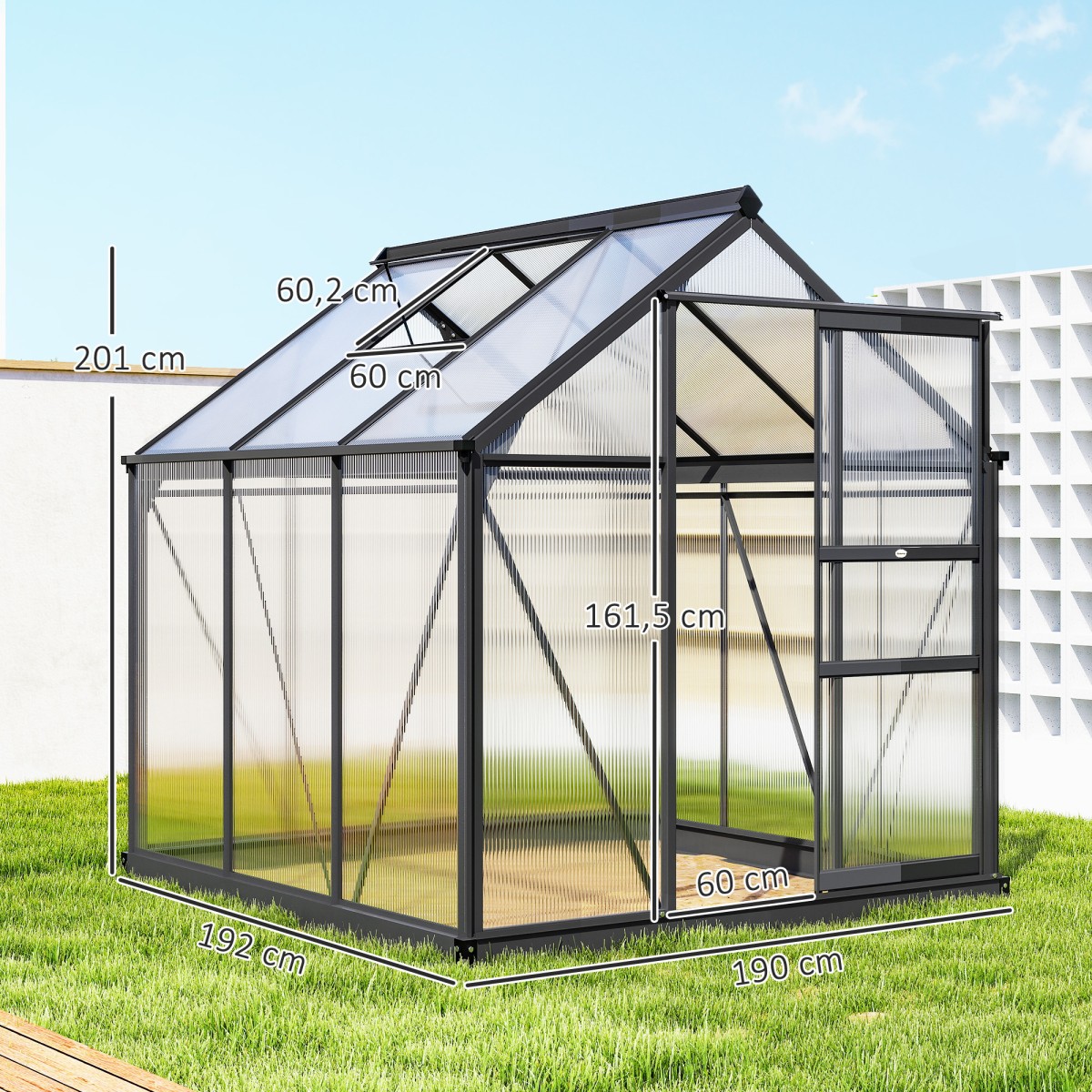 Αλουμίνιο θερμοκηπίου 3,65m² 190x192x201cm με φεγγίτη θεμελίωσης συρόμενη πόρτα πάνελ 4 mm, ανθεκτικό στην υπεριώδη ακτινοβολία