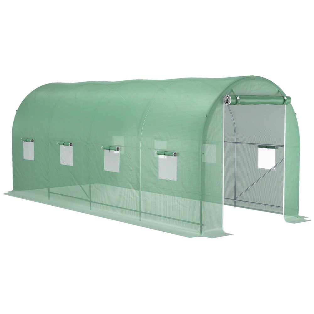 Θερμοκήπιο 500x200x205cm ντοματόσπιτο θερμοκηπίου με πόρτα, 8 παράθυρα, σήραγγα φιλμ από γαλβανισμένο χάλυβα, PE, σταθερή σήραγγα φυτών θερμοκηπίου, συμπεριλαμβανομένων αγκυρώσεων και σχοινιών, πράσινο