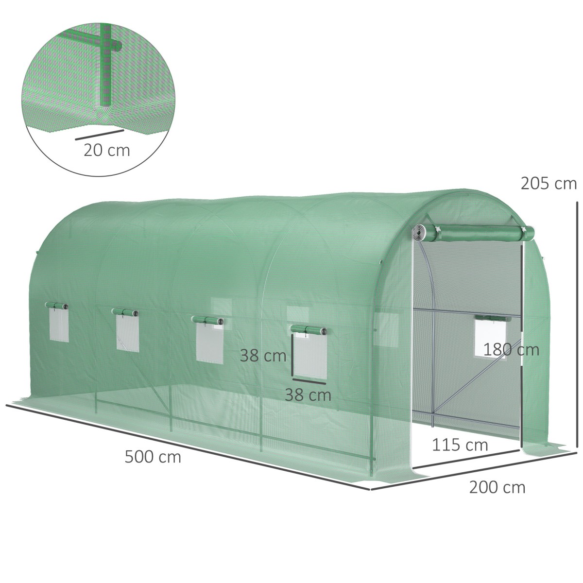 Θερμοκήπιο 500x200x205cm ντοματόσπιτο θερμοκηπίου με πόρτα, 8 παράθυρα, σήραγγα φιλμ από γαλβανισμένο χάλυβα, PE, σταθερή σήραγγα φυτών θερμοκηπίου, συμπεριλαμβανομένων αγκυρώσεων και σχοινιών, πράσινο