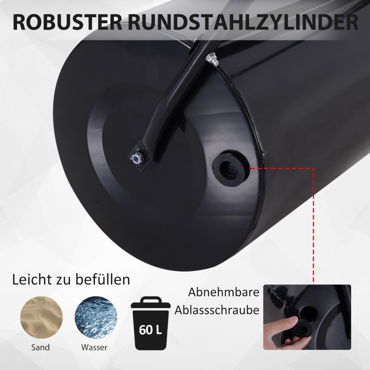 U-Handle Lawn Roller Roller Garden 40cm Διάμετρος 60L Γέμισμα Νερού/Άμμου Μεταλλικό Μαύρο 57 x 40 x 123cm