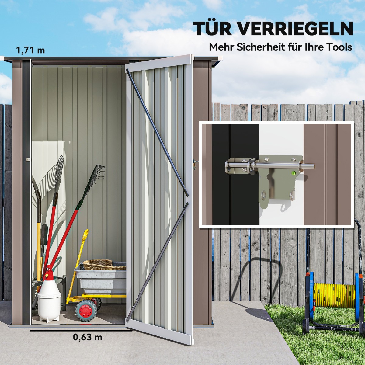 Υπόστεγο εργαλείων 1,07 m² με δίρριχτη οροφή, 142 x 86 x 189 cm υπόστεγο εργαλείων με πόρτα που κλειδώνει, υπόστεγο κήπου, ατσάλι, καφέ