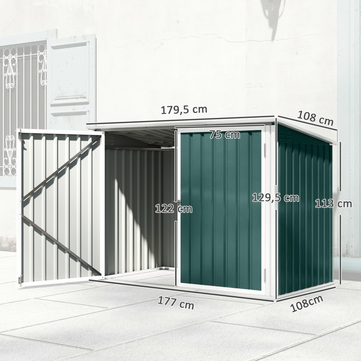 Κουτί σκουπιδιών, κουτί σκουπιδιών, που κλειδώνει, κουτί εξοπλισμού με διπλή πόρτα, καπάκι για 2 κάδους σκουπιδιών, ατσάλι, 179,5 x 108 x 129,5/113 cm, πράσινο