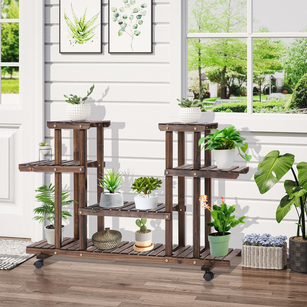 Λουλούδι σκάλα 6 ράφια 4 ρόδες 123,5 cm × 33 cm × 80 cm μασίφ ξύλο καφέ 123,5 cm × 33 cm × 80 cm