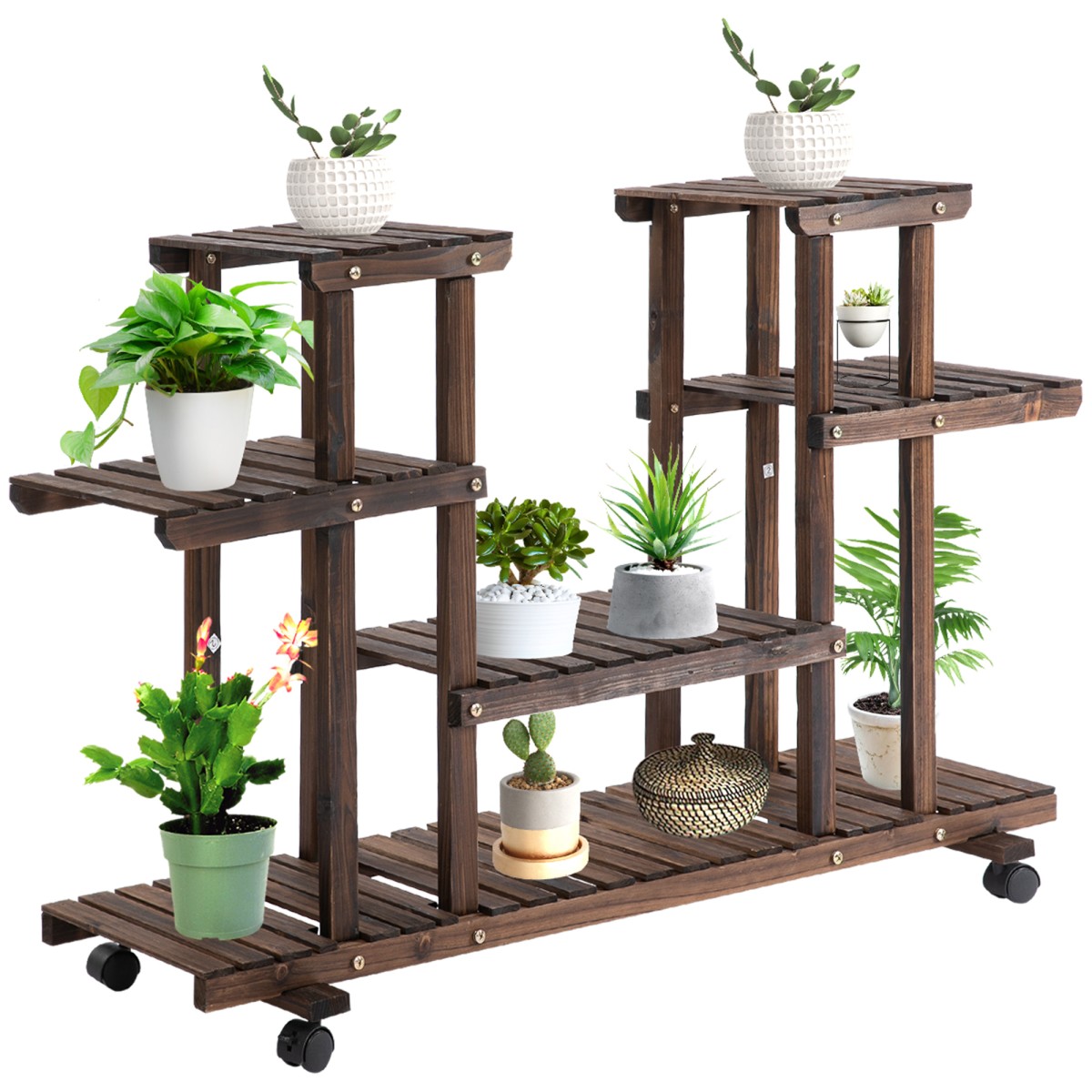 Λουλούδι σκάλα 6 ράφια 4 ρόδες 123,5 cm × 33 cm × 80 cm μασίφ ξύλο καφέ 123,5 cm × 33 cm × 80 cm