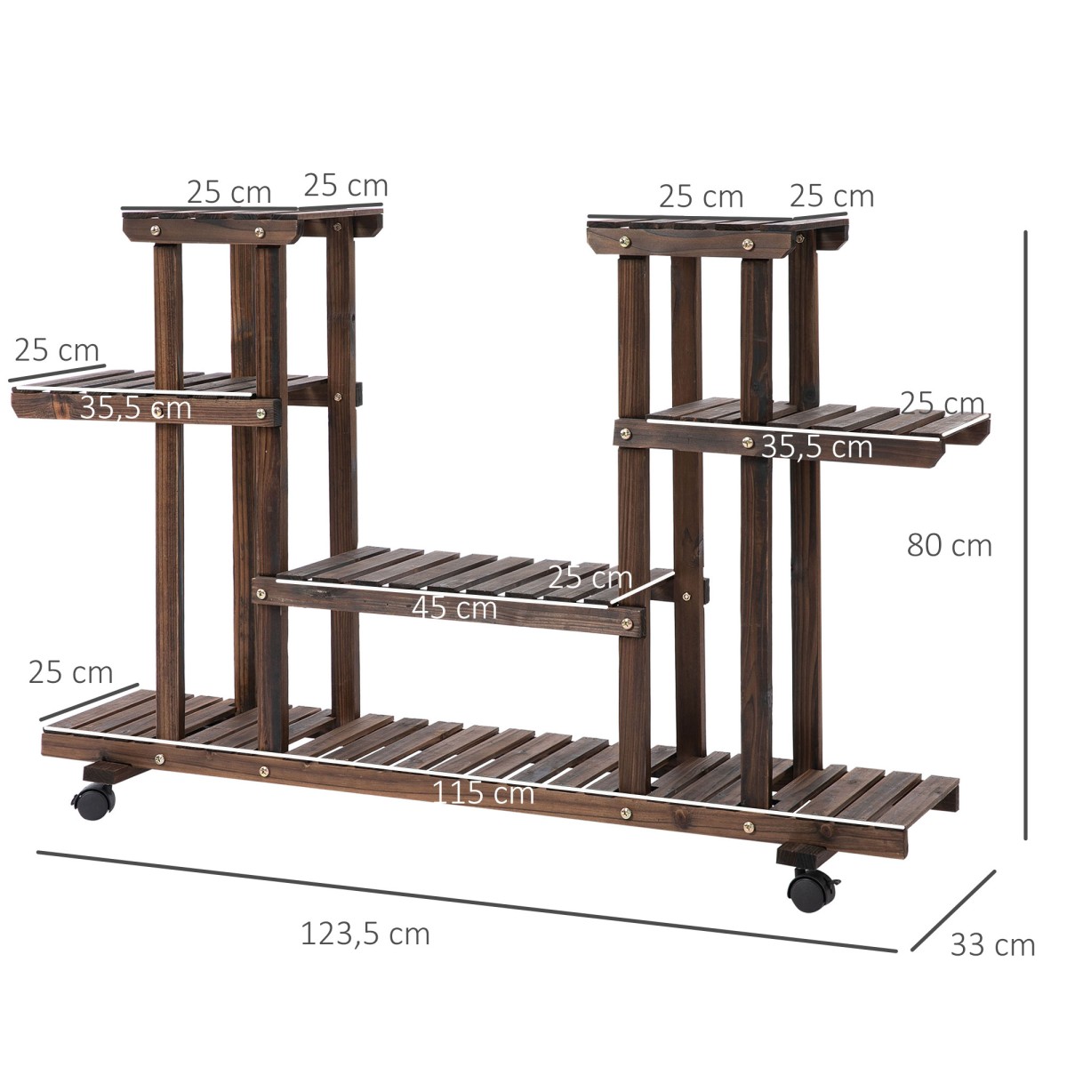 Λουλούδι σκάλα 6 ράφια 4 ρόδες 123,5 cm × 33 cm × 80 cm μασίφ ξύλο καφέ 123,5 cm × 33 cm × 80 cm
