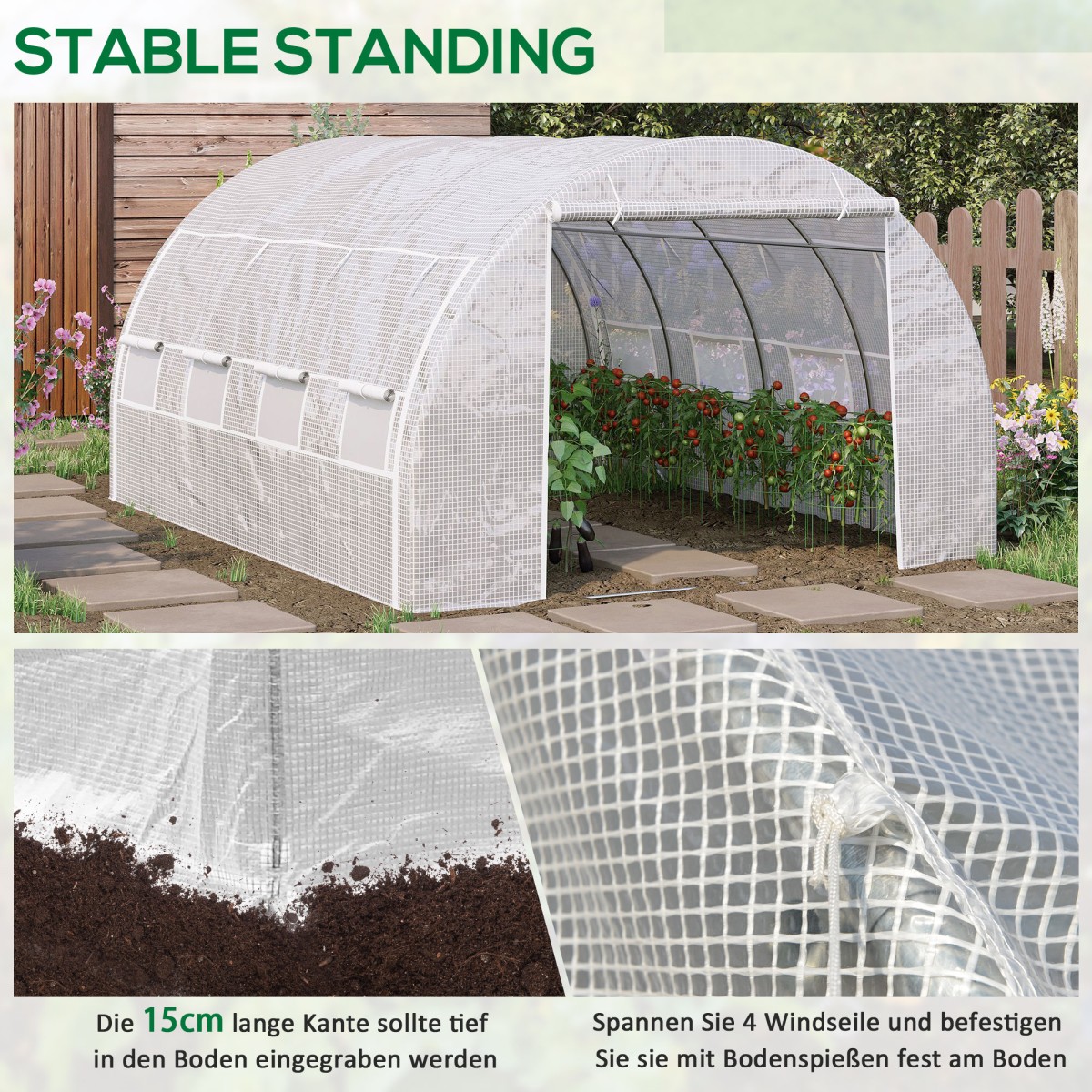 Tunnel Greenhouse Walk In Roll Up Walls Zip Door Πλαίσιο από γαλβανισμένο χάλυβα 4 x 3 x 2m Λευκό