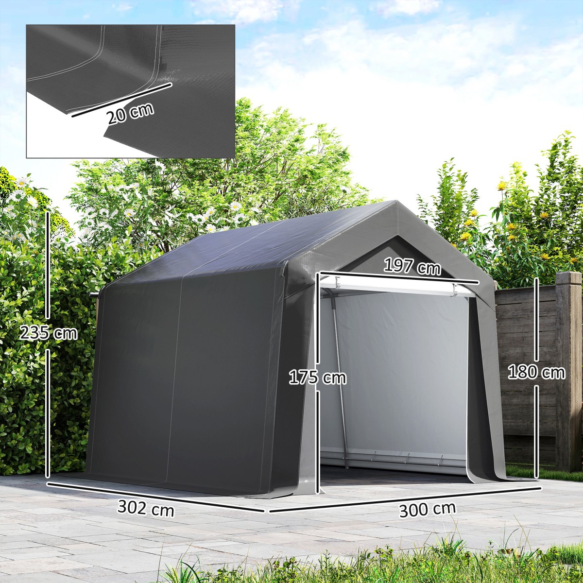 Carport Tent Garage 3x3 m Αδιάβροχη σκηνή γκαράζ με κυλιόμενη πόρτα αερισμού παράθυρο εκτεταμένες άκρες σκούρο γκρι
