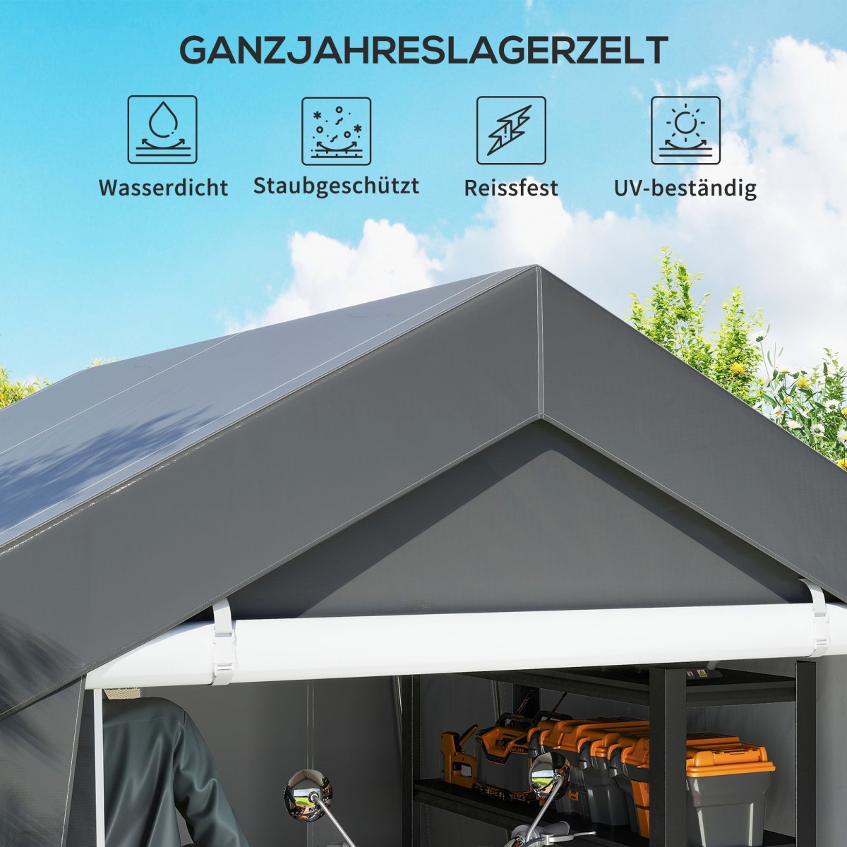 Carport Tent Garage 3x3 m Αδιάβροχη σκηνή γκαράζ με κυλιόμενη πόρτα αερισμού παράθυρο εκτεταμένες άκρες σκούρο γκρι