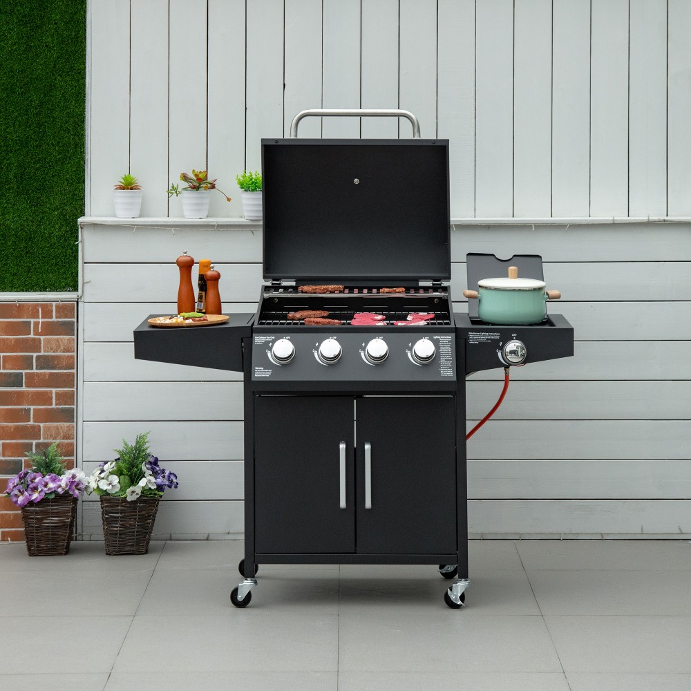 Outsunny Ψησταριά υγραερίου BBQ με 3 καυστήρες 3 kw η καθεμία, κινητό καρότσι ψησταριάς με 4 τροχούς, σχάρα, πλαϊνά τραπέζια, μειωτήρα πίεσης, σωλήνες, ντουλάπι, πολυλειτουργικό, μέταλλο, μαύρο, 132,4cm x 55cm x 109cm
