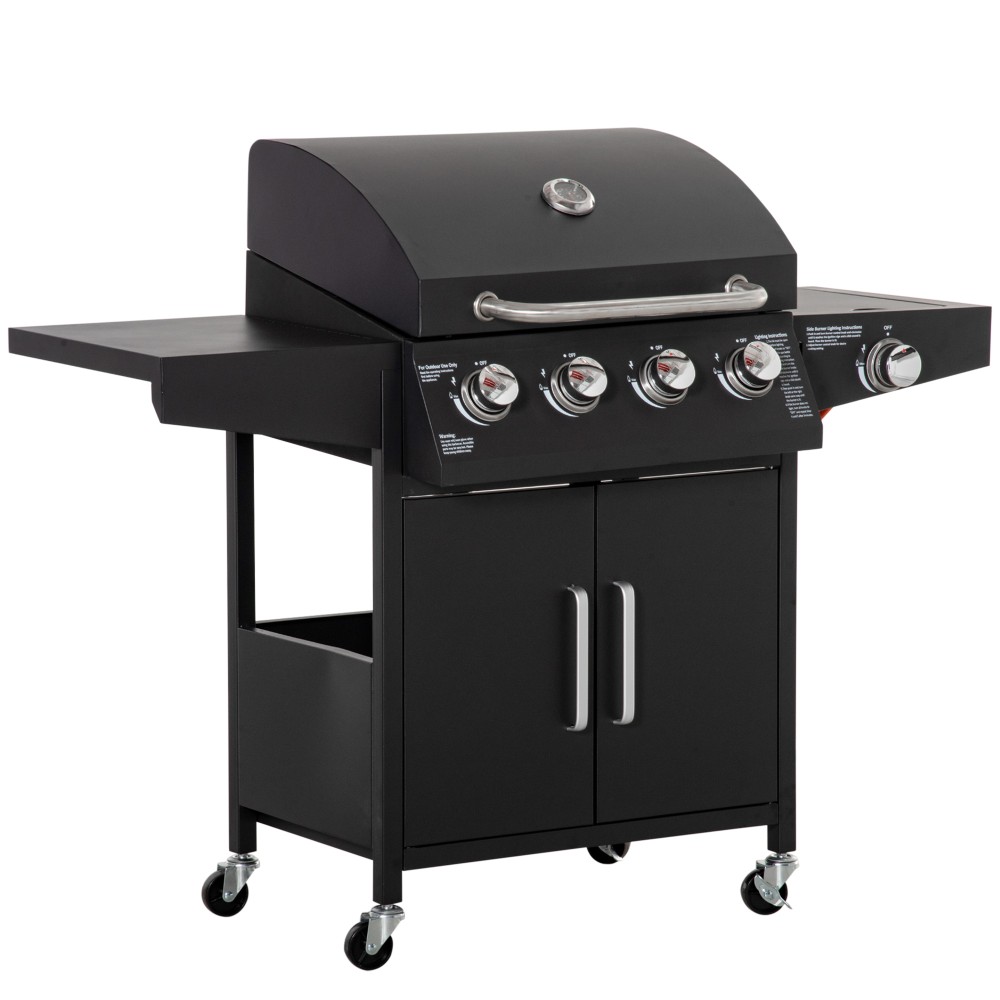 Outsunny Ψησταριά υγραερίου BBQ με 3 καυστήρες 3 kw η καθεμία, κινητό καρότσι ψησταριάς με 4 τροχούς, σχάρα, πλαϊνά τραπέζια, μειωτήρα πίεσης, σωλήνες, ντουλάπι, πολυλειτουργικό, μέταλλο, μαύρο, 132,4cm x 55cm x 109cm