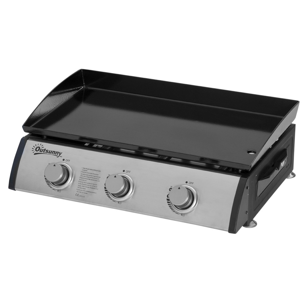 Ψησταριά υγραερίου με 3 καυστήρες, λάστιχο, αντικολλητική πλάκα γκριλ, ανοξείδωτο, χρώμα: ασημί, 63 x 48 x 21 cm