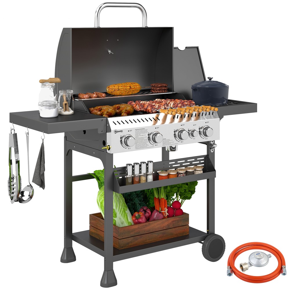 Outsunny Gasgrill, BBQ-Grill, 4 Hauptbrenner, 1 Seitenkocher, 1 Warmhalteplatte; 135 x 55 x 103 cm, Μαύρο