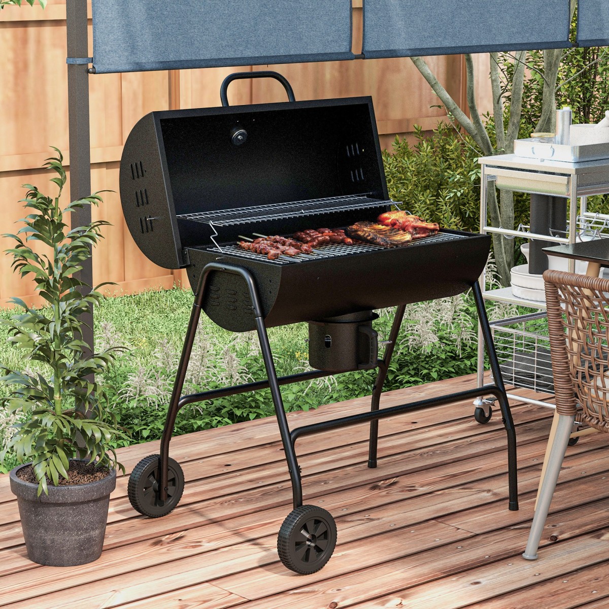 Μεταλλική ψησταριά κάρβουνο BBQ Καπνιστή με Καπάκι Θερμόμετρο Τροχοί Ψητοπωλείο 95x71,5x102 cm Μαύρο