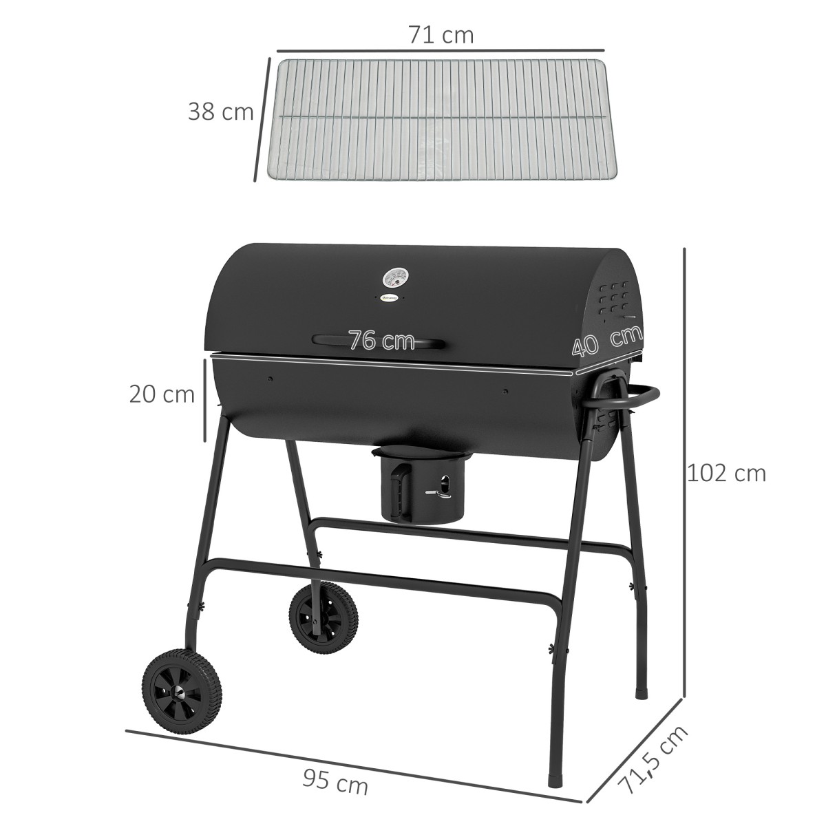 Μεταλλική ψησταριά κάρβουνο BBQ Καπνιστή με Καπάκι Θερμόμετρο Τροχοί Ψητοπωλείο 95x71,5x102 cm Μαύρο