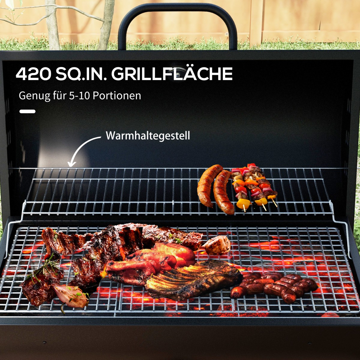 Μεταλλική ψησταριά κάρβουνο BBQ Καπνιστή με Καπάκι Θερμόμετρο Τροχοί Ψητοπωλείο 95x71,5x102 cm Μαύρο
